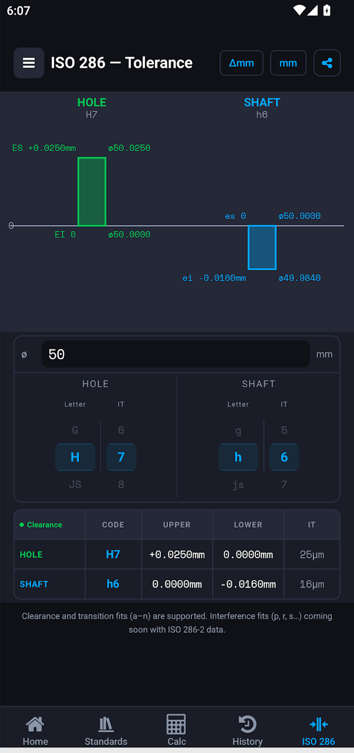 ISO 286 tolerance and fit calculation screen