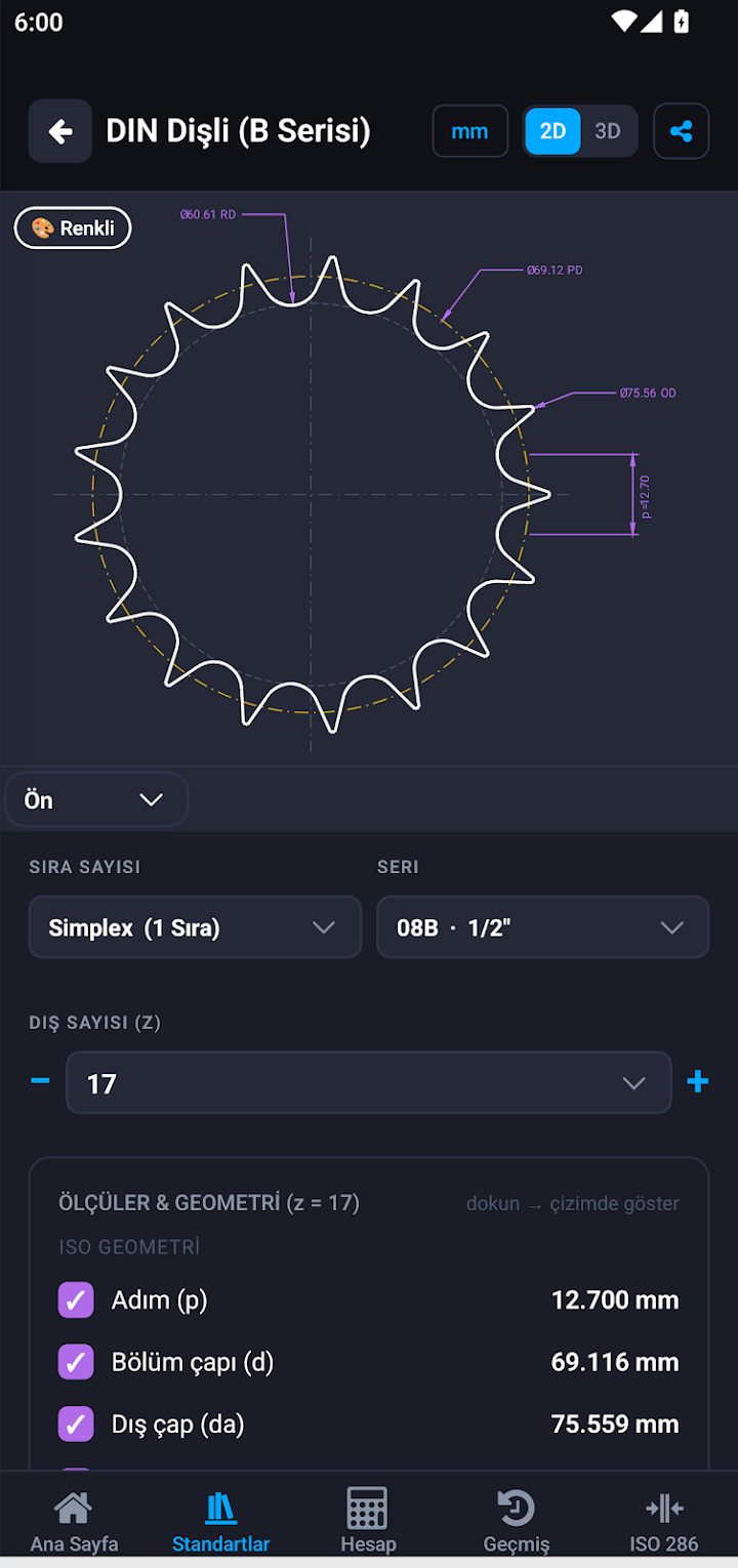 DIN dişli 2D teknik çizim ekranı
