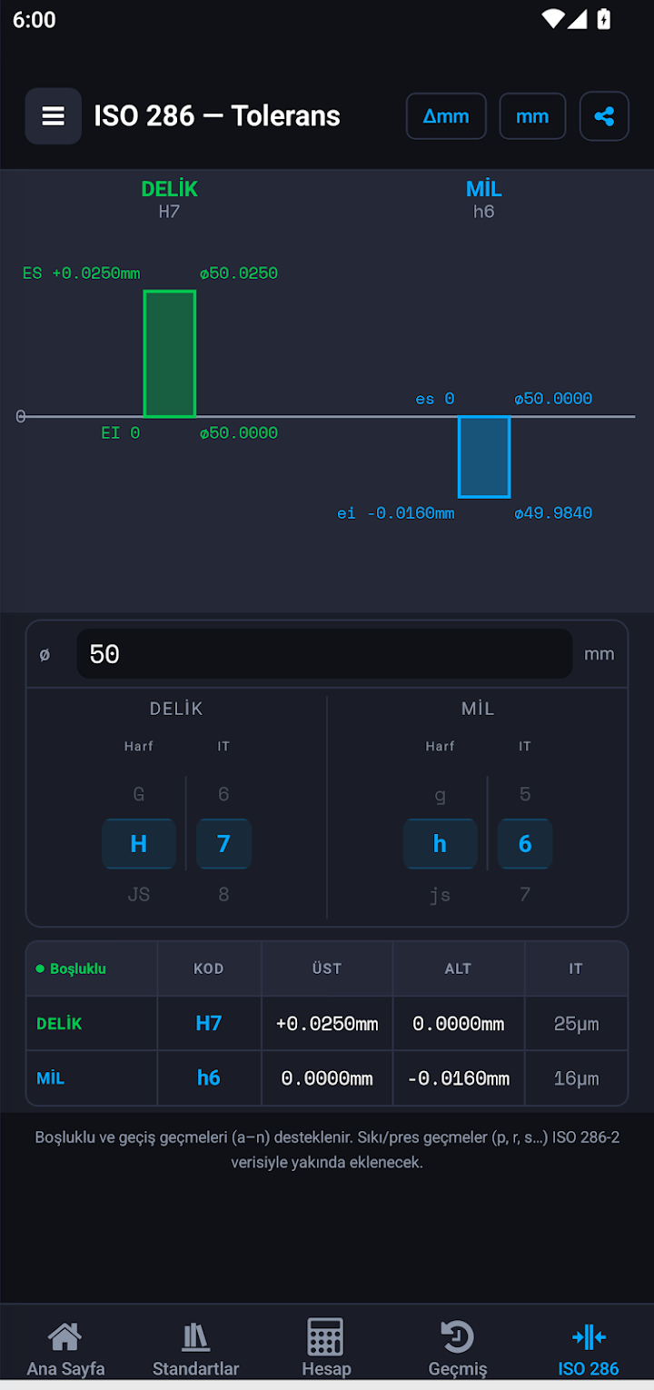 ISO 286 tolerans ve geçme hesabı ekranı